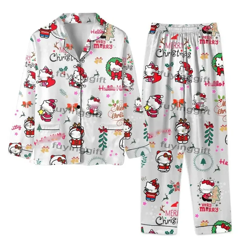 New Wholesale Custom Printed Christmas Cartoon Kitty Pyjamas Women Home Sleep Wear Nightgown Pjs Pajamas Set