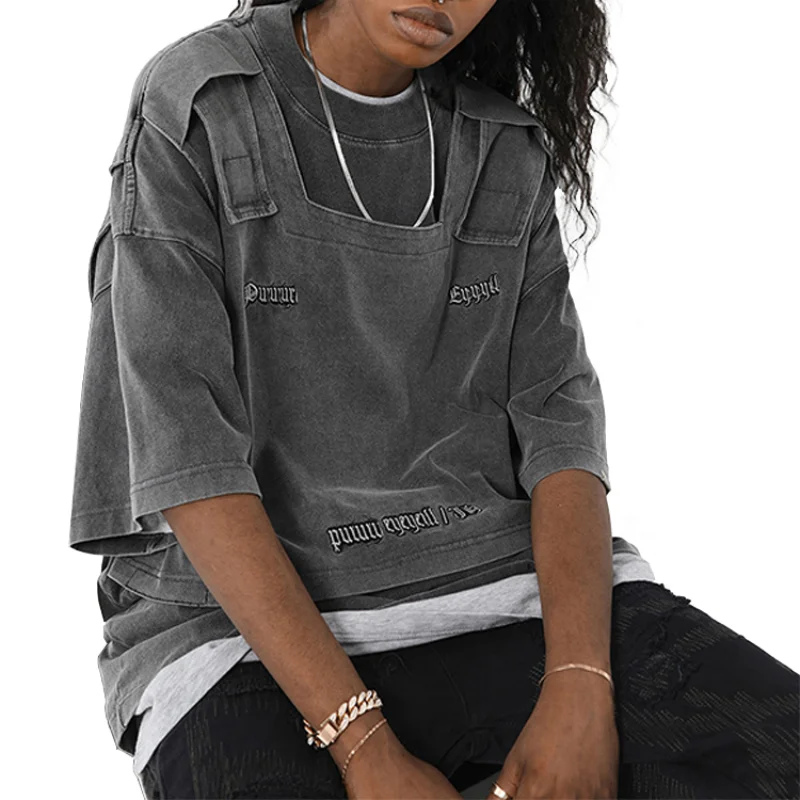 Fashion Double Layer Tshirt Streetwear Vintage Style Heavy Cotton Tshirts Men 300gsm Wash T Shirt Hip Hop Customized Logo 50pcs