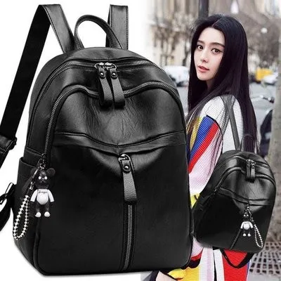 Wholesale Fashion Waterproof PU Leather Bag Girls School Backpack Black Color