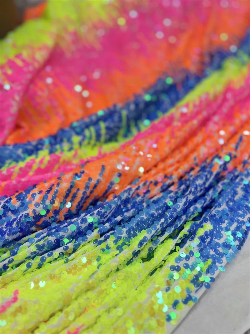 2023 New Arrival Low Price Colorful Gradient Knitted Garment Sequins Tulle Stretch Elastane Sequin Fabric