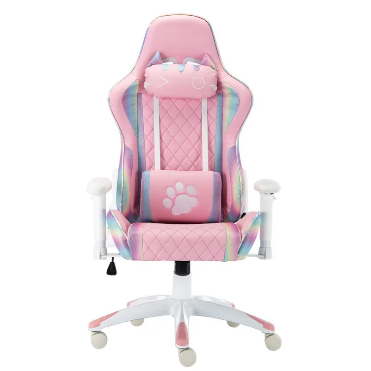 2022 New Cute Pink Gaming Chair Computer Racing Game Chair with Cat Headrest and Lumbar Pillow