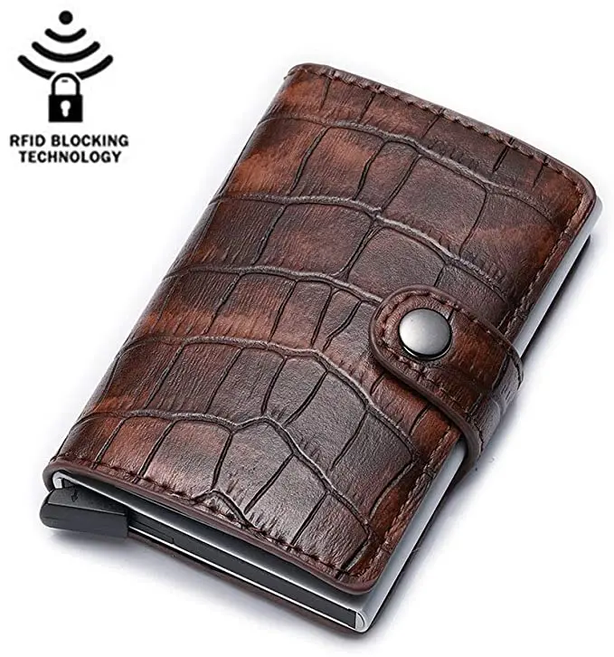Custom RFID Blocking Slim  Aluminum Business Card Holder Designer Leather Crocodile Pattern Pop Up Card Case