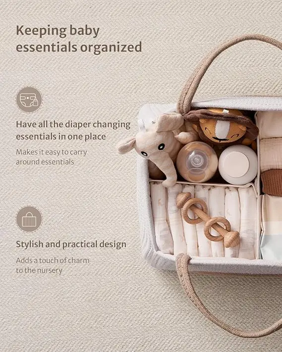 Baby Diaper Caddy Organizer Cotton Rope Diaper Caddy Basket Large Baby Shower Caddy for Newborn Boys and Girls