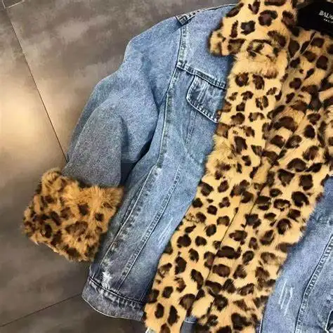 super thick heavy weight 16oz leopard pattern printing bonded polar fleece denim fabric for winter jeans jackets