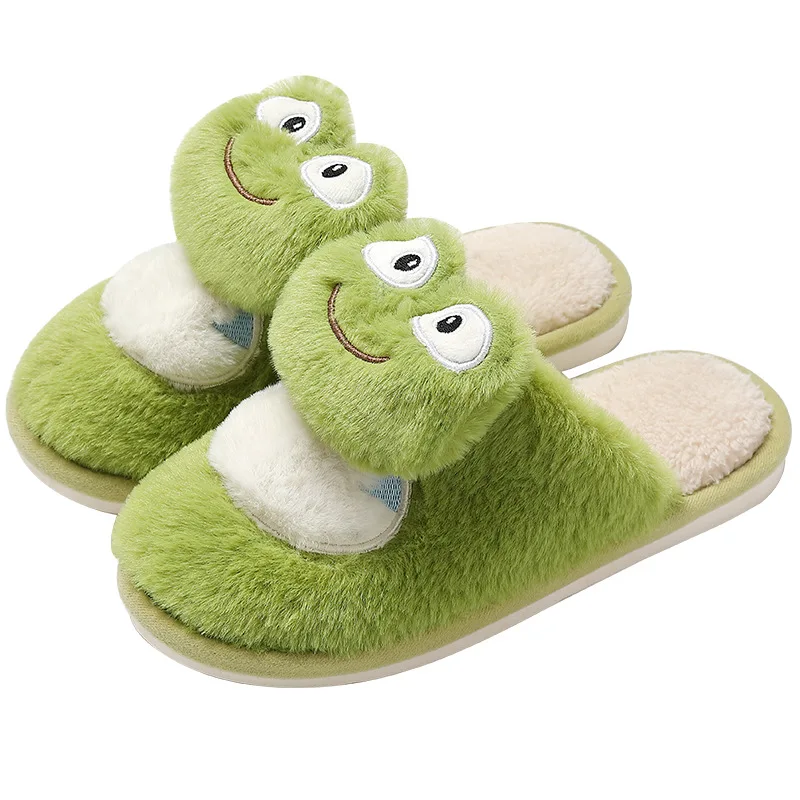 2024 Cute Frog Cotton Slippers For Women Men Winter Indoor Home Floor Shoes Warm Faux Fur Anti-slip Couples Cartoon Footwear