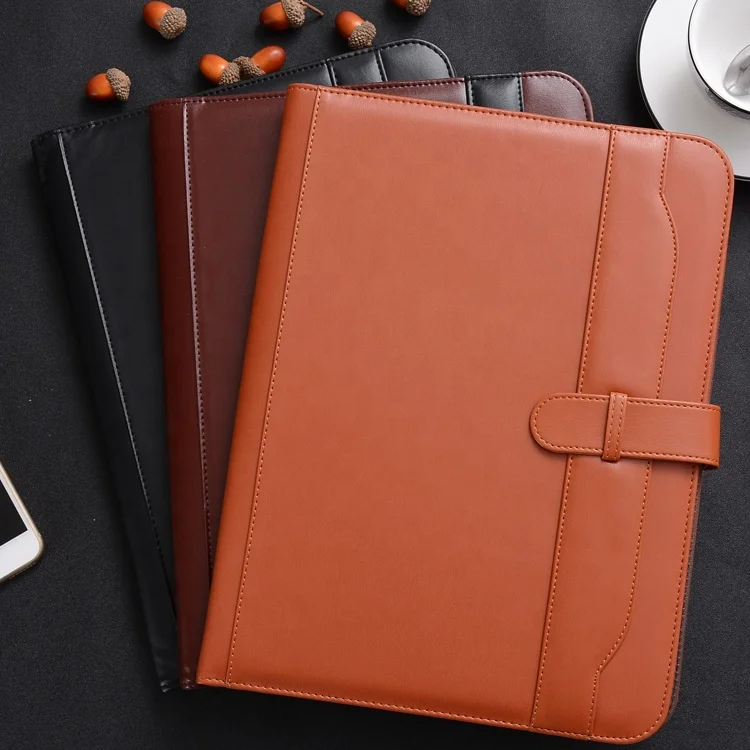 Custom Available A4 A5 B5 PU Business Zipper Document Leather Portfolio File Folder Large Unisex Faux Leather Bag Work Travel