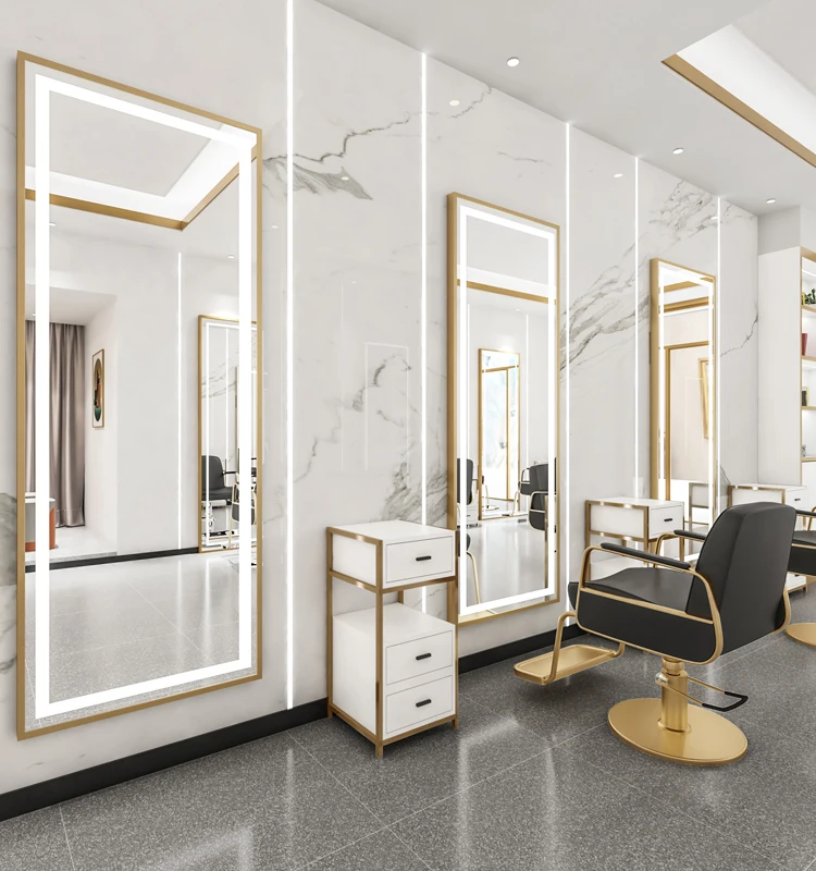 New Arrival Large Full Length Gold Barber Salon Furniture Wall Mounted Hairdressing Makeup Led Beauty Salon Mirror
