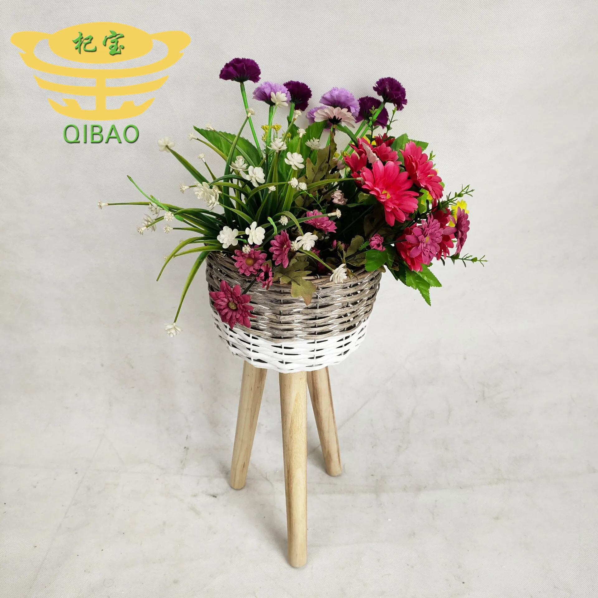 Wholesale fashion hand woven flowerpot PE rattan flowerpot with independent wooden leg outdoor flower basket