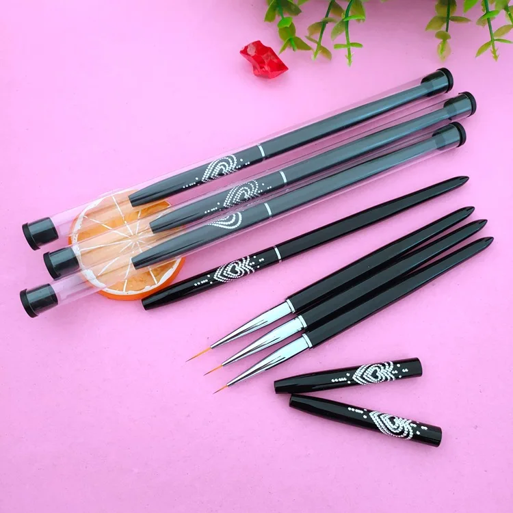 Black Rhinestone Nail Liner Painting Brush Long Liner Pen For Nail Art Stripe Pattern Brush