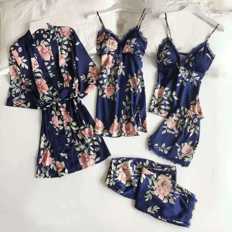 ZGBROTHERS Lace Patchwork Sleepwear Kimono Bathrobe Gown Satin Lady Nighty Robe Suit Sexy Home Clothes 5 piece Nightwear
