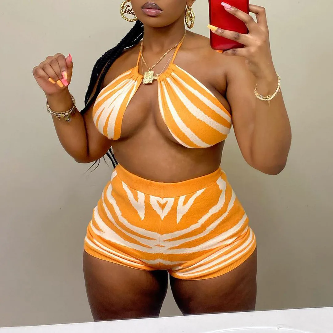 X13966C Women print Two Piece Set halter Vest+tight shorts Skinny Stretch Matching Outfits