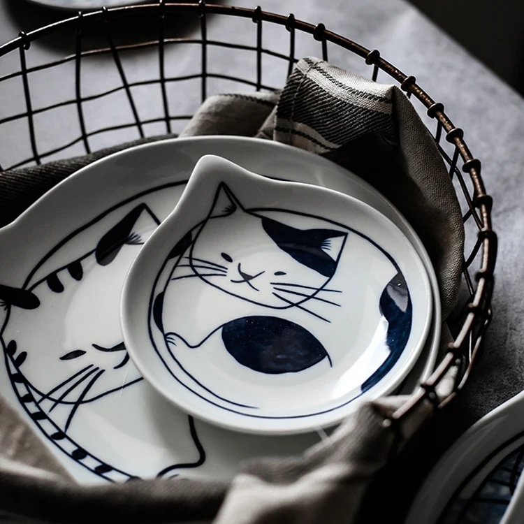Retro tableware household creative simple cartoon cat dishes durable sustainable cheap kitchen irregular ceramic plate