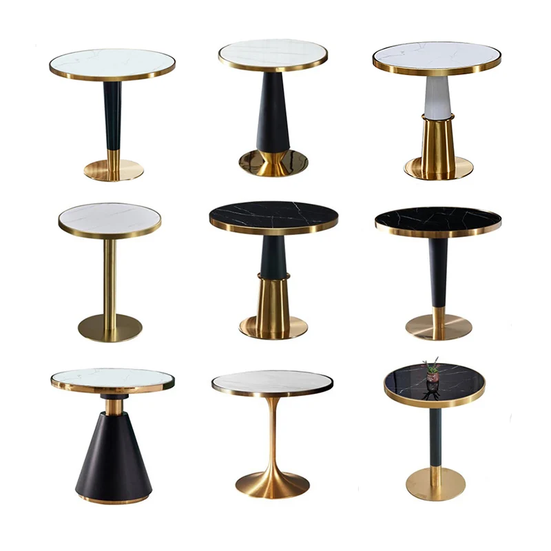 luxury high end Restaurant Bistro Tables gold stainless steel marble stone top Round Dining meeting coffee Table