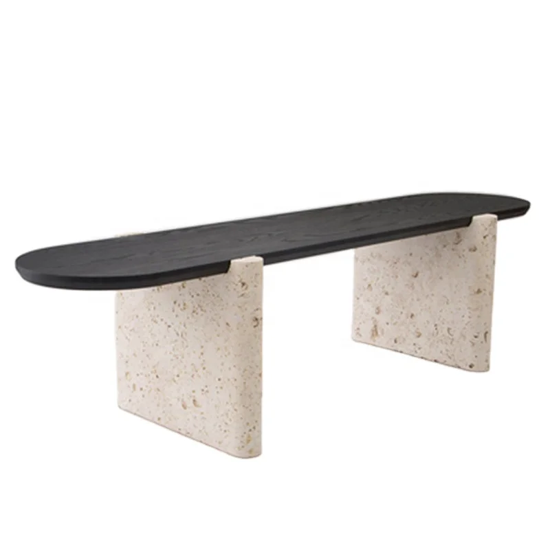 Nordic modern solid wood oak top dining tables living room long low stone travertine dining table