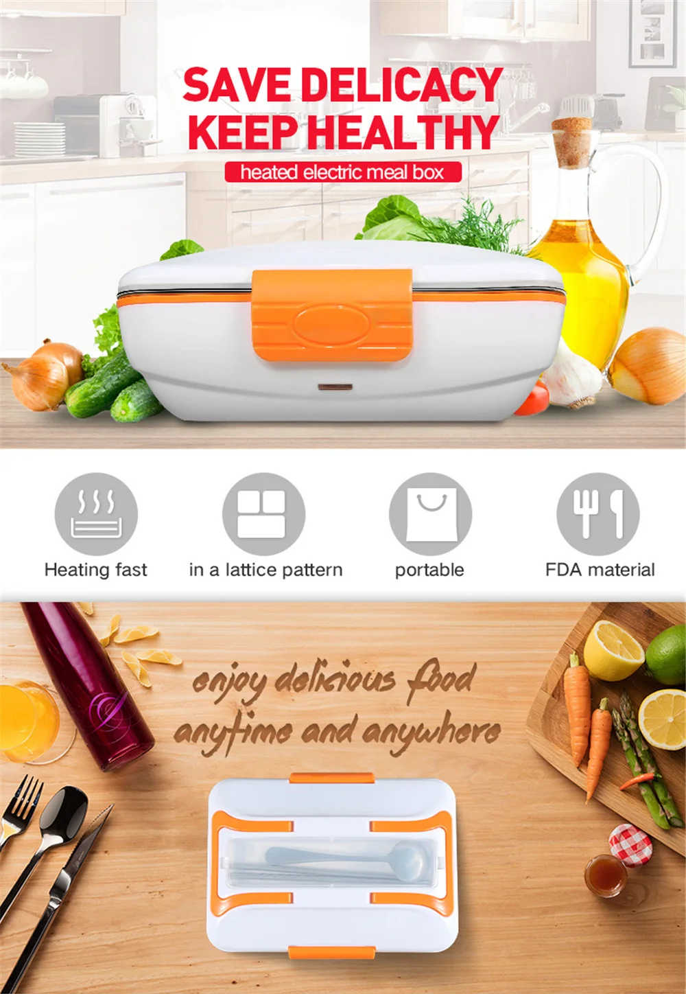 12V Car Plug Electric Heating Lunch Box Food Heater Portable Bento Box Office Home Food Warmer With Removable Container Spoon