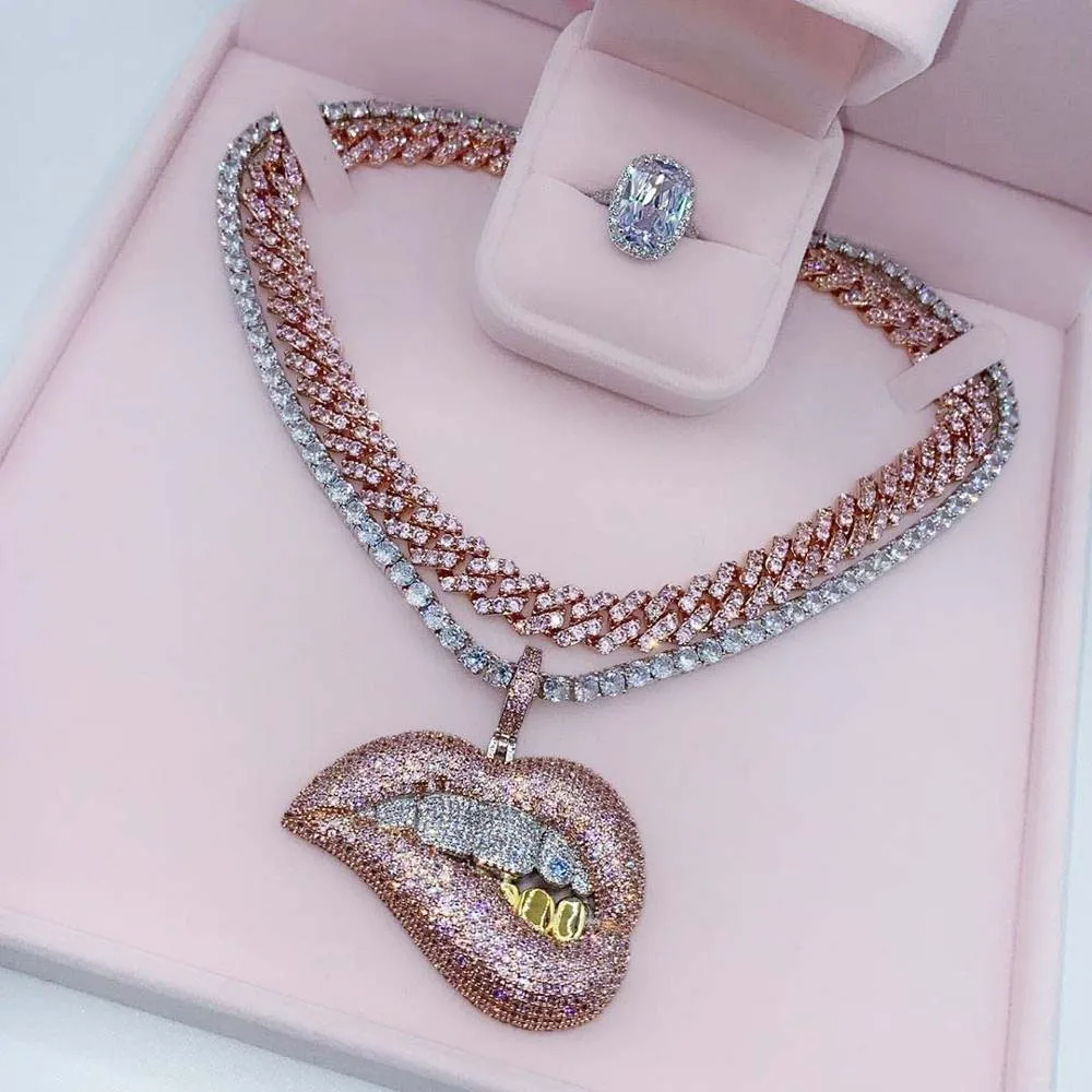 Тона цвета Micro Pave розовый фианит капельного губы кулон ожерелье цепи из нержавеющей стали 5 мм CZ теннис для женщин в стиле хип-хоп ювелирные изделия
