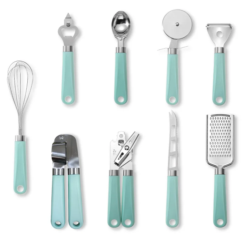 Home Kitchenware Kitchen Accessories Cooking Gadgets Tools Set Plastic Handle 9pcs Stainless Steel Customized Logo with Green