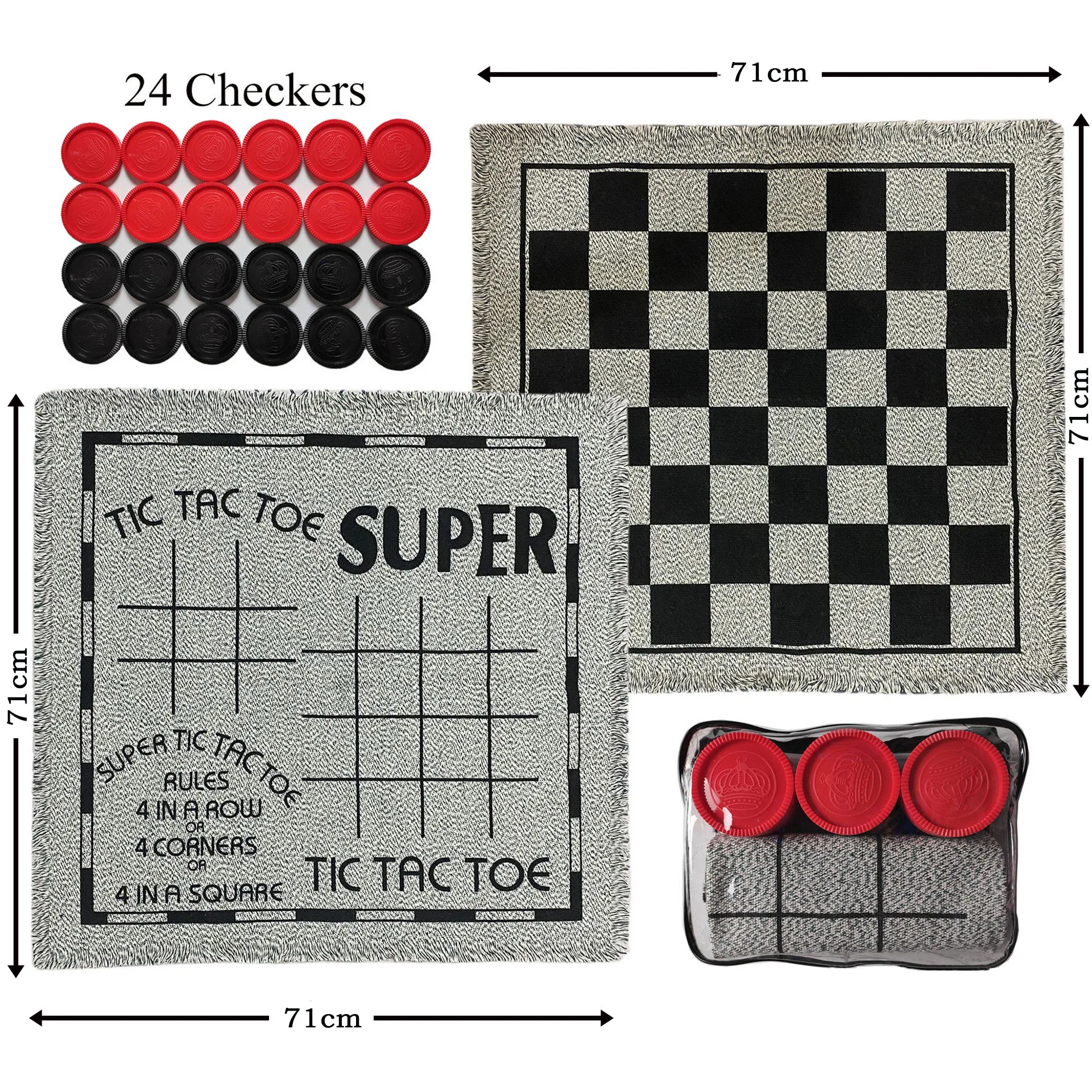 Portable Indoor and Outdoor Board Classic Games 3 in 1 Big Checkers Set Tic Tac Toe for Kids and Adults