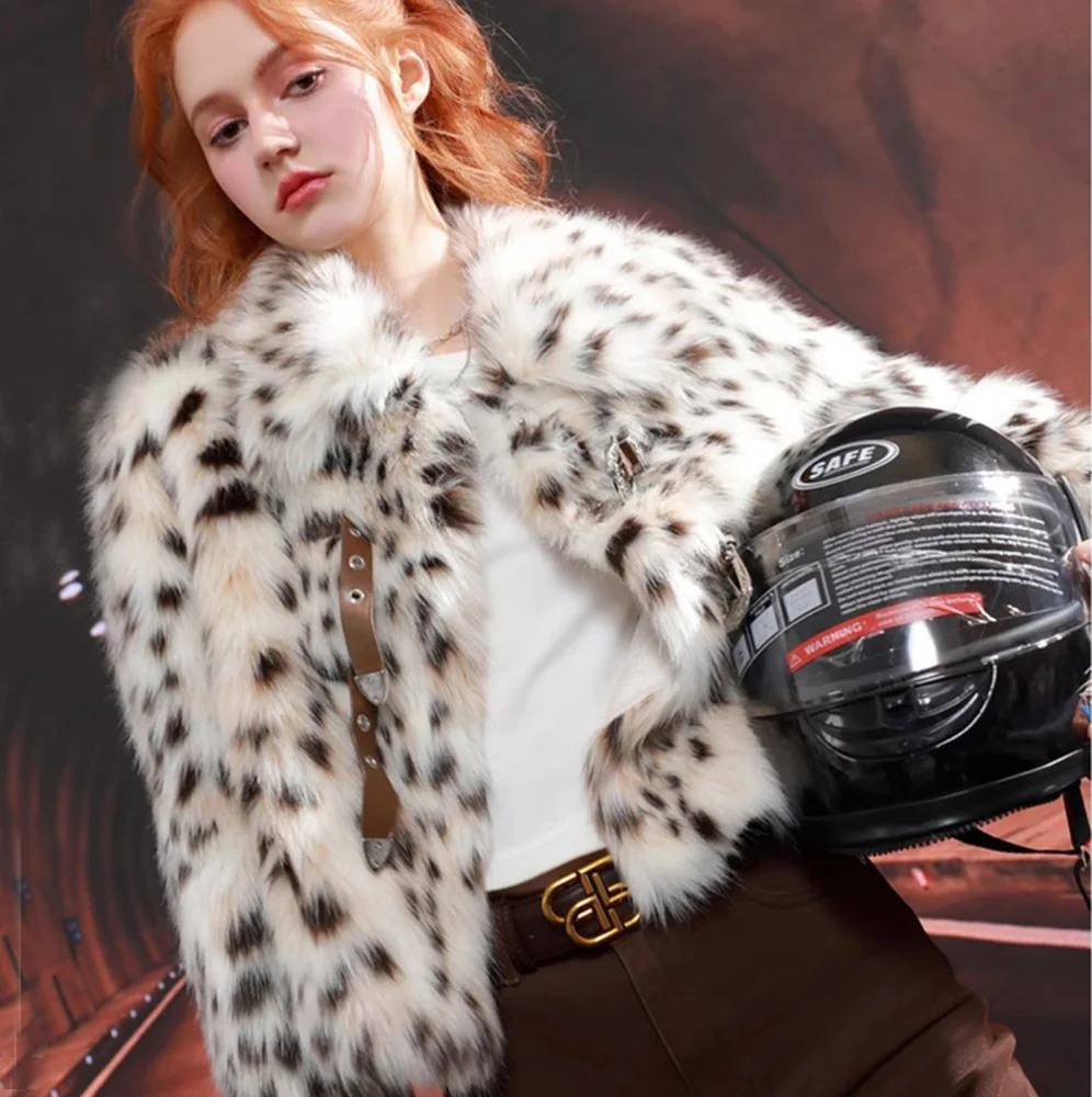 Мотоциклетная шуба из искусственного меха леопарда с поясом и длинным рукавом большие размеры сохраняют тепло ветрозащитный Гепард новая