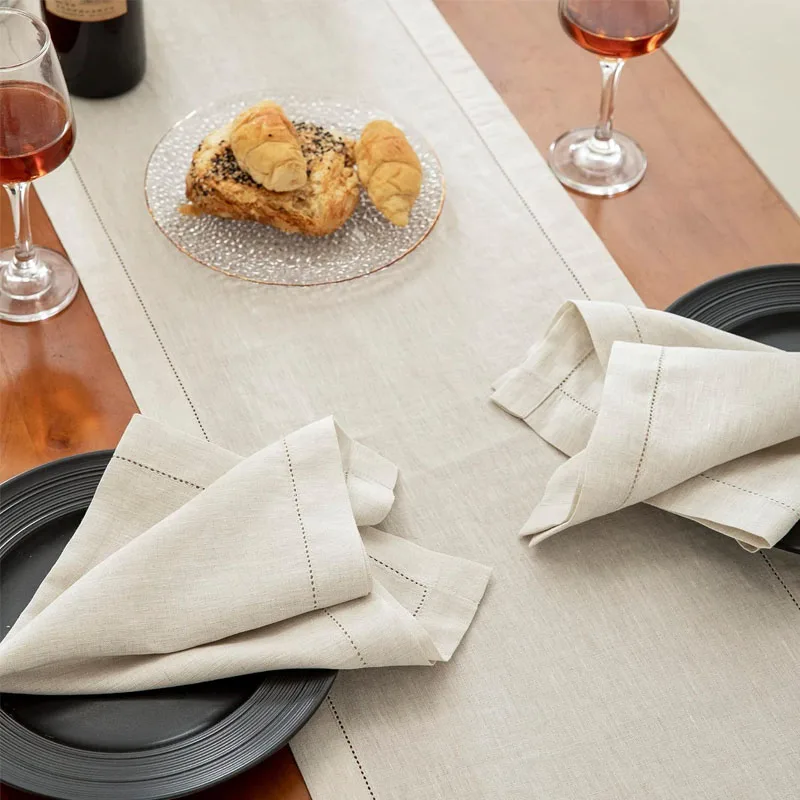 Hemstitch Beige Cotton Linen Tablecloth Wedding Banquet Reusable Washable Table Cloths for Events Dinner Custom Table Covers
