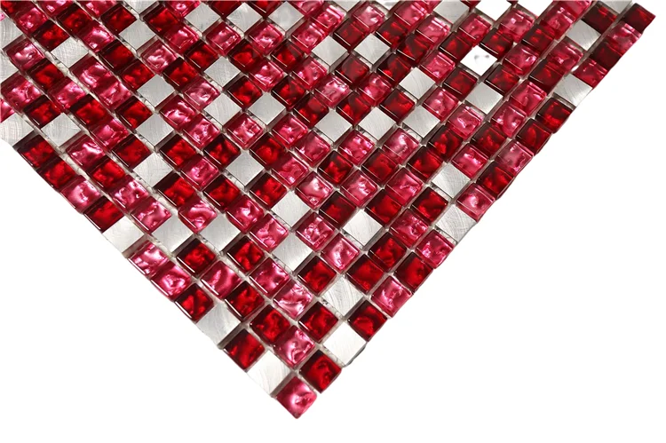 Factory Discount Price Silver Aluminum Metal Red Mixed Glass Mosaic Tile Tiles For Walls