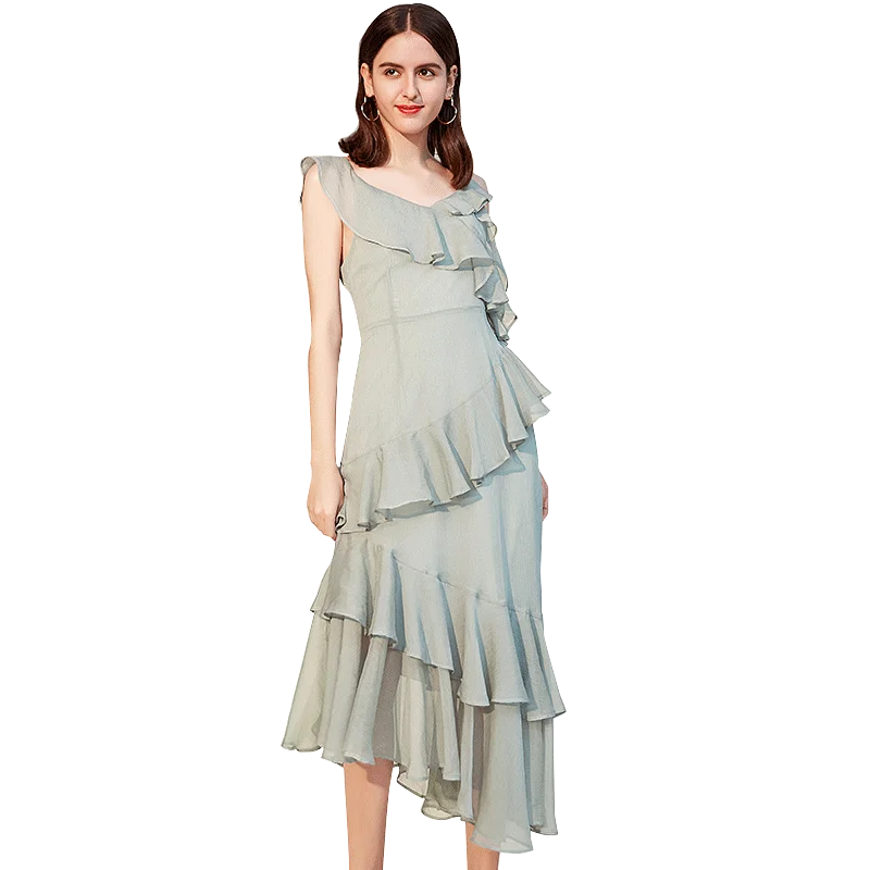 
Summer flouncing off-the-shoulder long classy dress asymmetrical ruffled chiffon medium length dress for women 