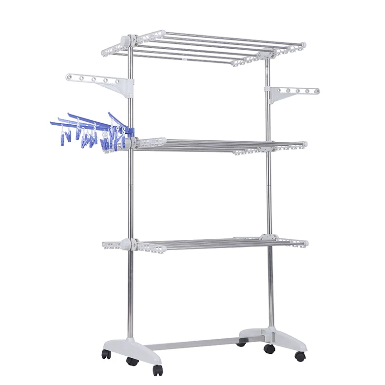 Luxury half foldable wings 3 tiers clothes drying rack with wheels space saving