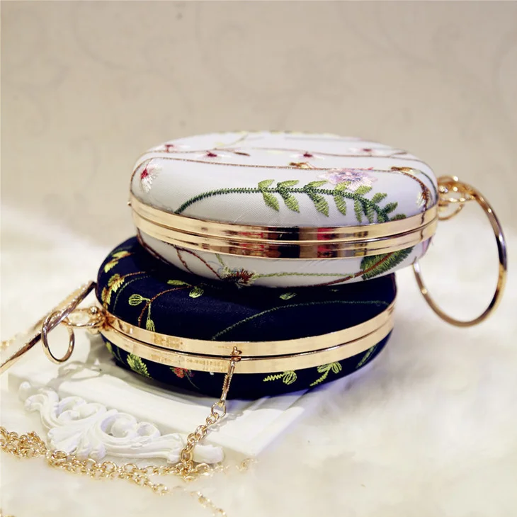 New Fashion Ladies  Party Clutch Round Shaped Shoulder Bags Girls Handbags Embroidery Floral Evening Bag