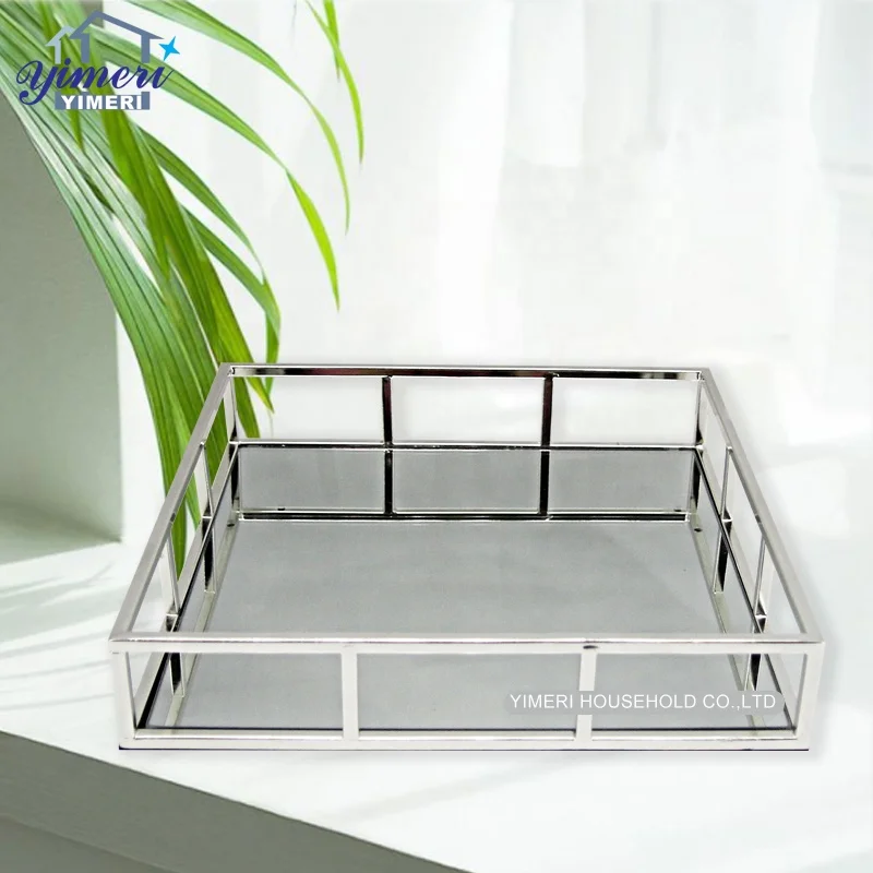 simple home decorative square metal handle silver plated mirror perfume tray