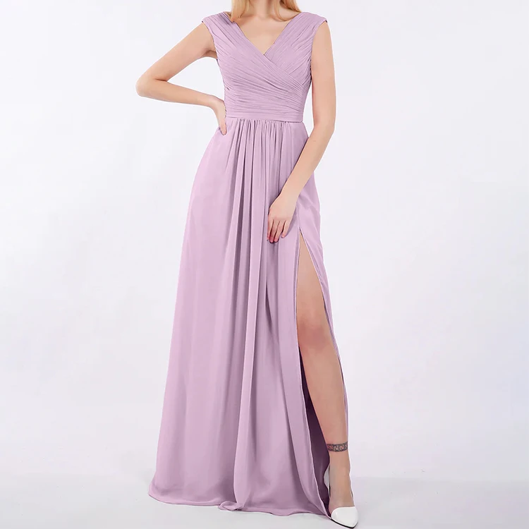 Elegant Sexy Wedding V Neck Floor-length Cap Sleeves Plus Size Chiffon Dresses Bridesmaid Gown for Fat Women