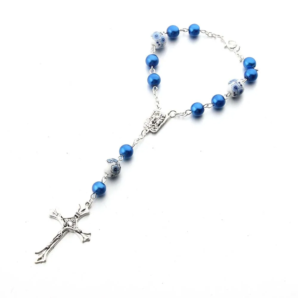Wholesale Catholic rosary bracelet prayer fashion cross bracelet Gold imitation glass pearl handcrafted curved needle bracelet