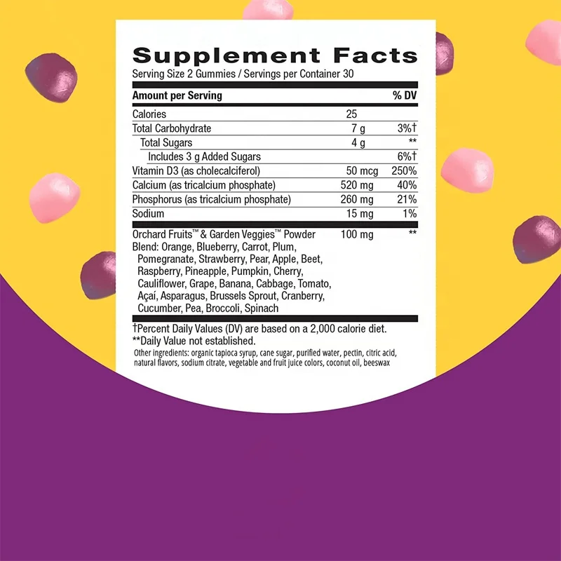Private Label Vitamin D3 Calcium Gummies Fruits And Veggies Vitamins Tricalcium Phosphate Calcium Phosphprus Gummy Candy OEM ODM