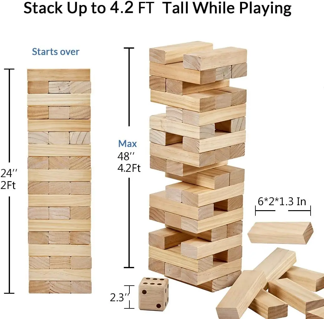 Samblocks Janga Giant Tumble Tower Janga Blocks Outdoor Game Pine Stacking Timber Classic for Kids De Vidrio 54 PCS Wood Unisex