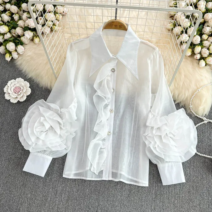 YM8846   Wholesale 2013 Korean Chic Candy Color Ruffles 3D Floral Loose Design Long Sleeve Shirt Blouse Shirt Tops 7