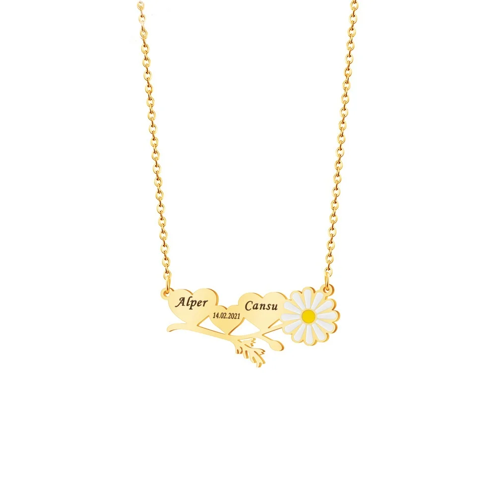 QiuHan Custom Names Necklace Stainless Steel Daisy Flower Necklace
