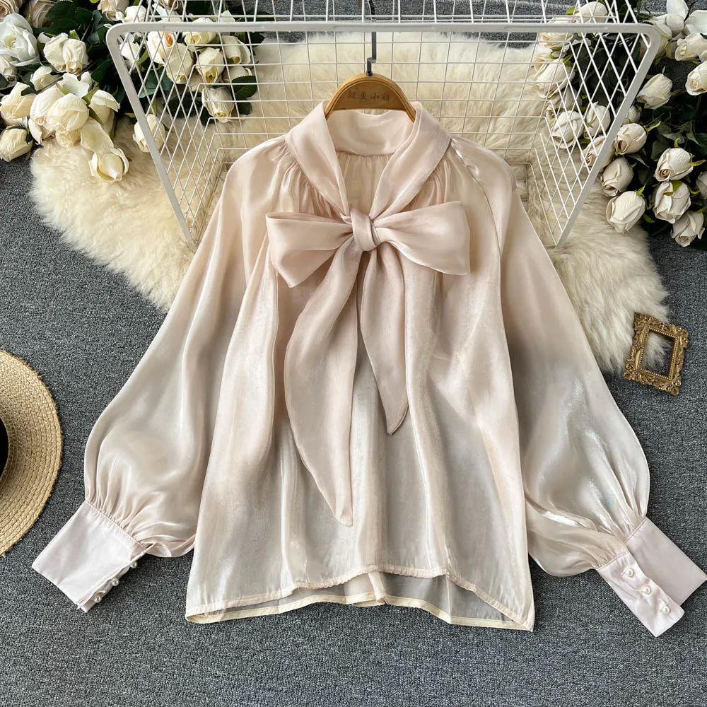 Summer Full Sleeve O-Neck Shirts Women Solid Bow Casual Blouse Ladies Elegant Clothing Clothes Women Wholesale