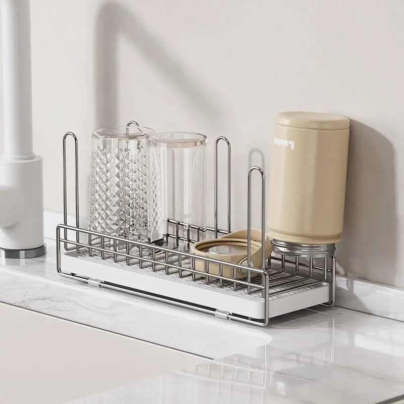 Cup Drying Rack 304 Stainless Steel kitchen desktop Cutting Board Holder Glasses Upside Down Drain Shelf with Drip Tray pull out