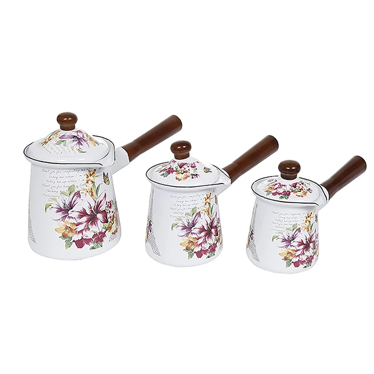 OEM Quality Enamel Coating Carbon Steel Tea Pot Enamel Coffee Warmer With Wooden Handle