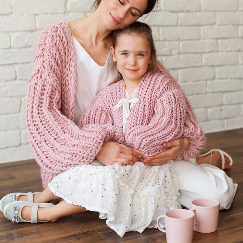 High Quality pink lantern sleeve knit cardigan sweater family mommy daughter matching clothing