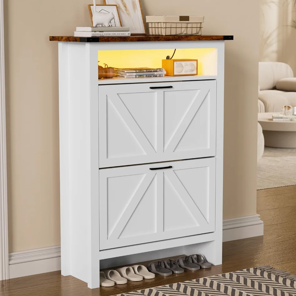 Shoe Cabinet with 2 Flip Drawers & Open Storage Space Entryway Shoe Storage Cabinet with LED Light Shoe Organizer for Entryway