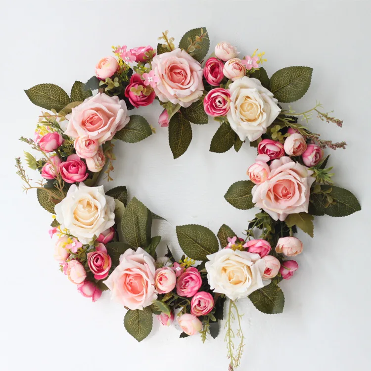 Artificial roses flower Wreath Flower Garland And Green Leaves For Front Door Indoor Or Outdoor Wall Wedding
