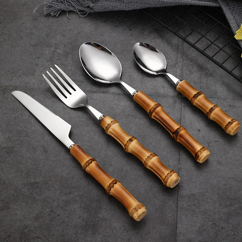 Bamboo Handle Cutlery Flatware Set Stainless Steel Cutlery Set Gift
