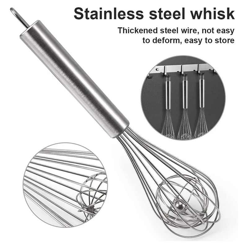 3pcs Stainless Steel Balloon Whisk Double Balloon Wire Whisk Blending Whisking Beating Stirring Egg Beater with inside Ball