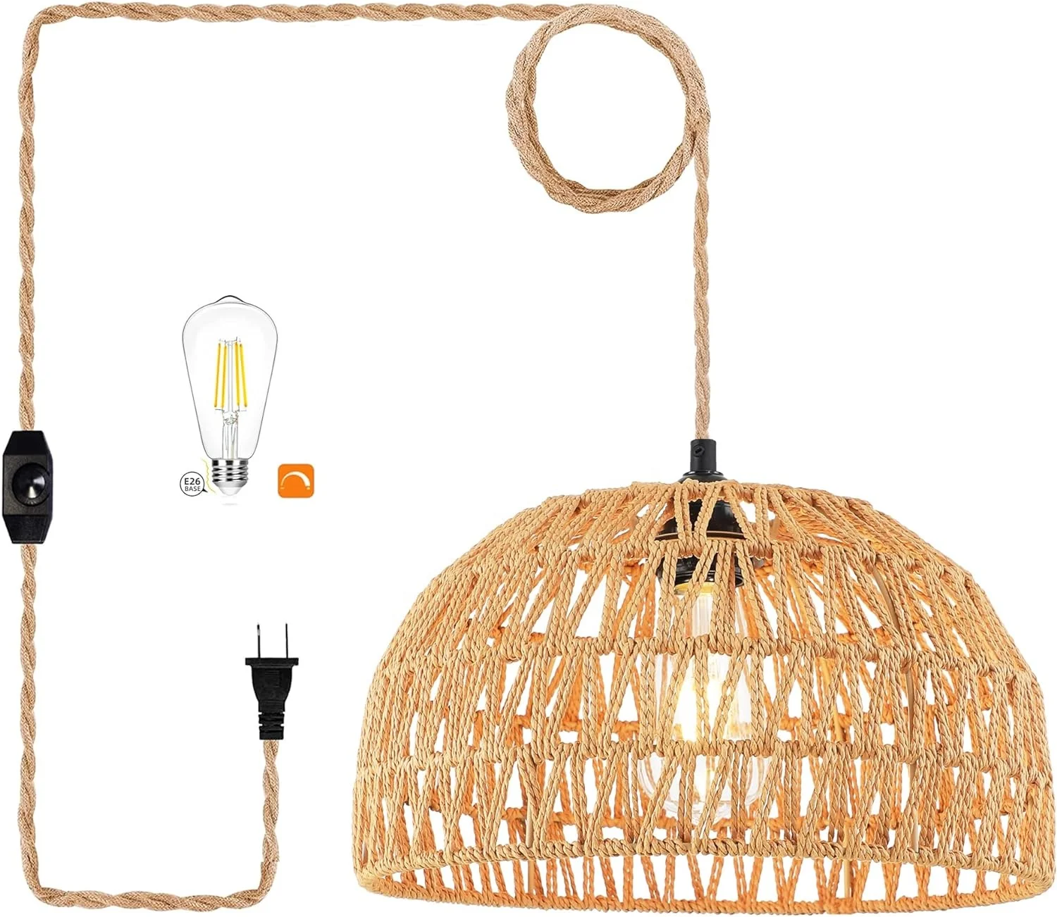 OPPstable Plug in Pendant Light Rattan Hanging Lamp,Boho Decor That Plug Into Light Fixture