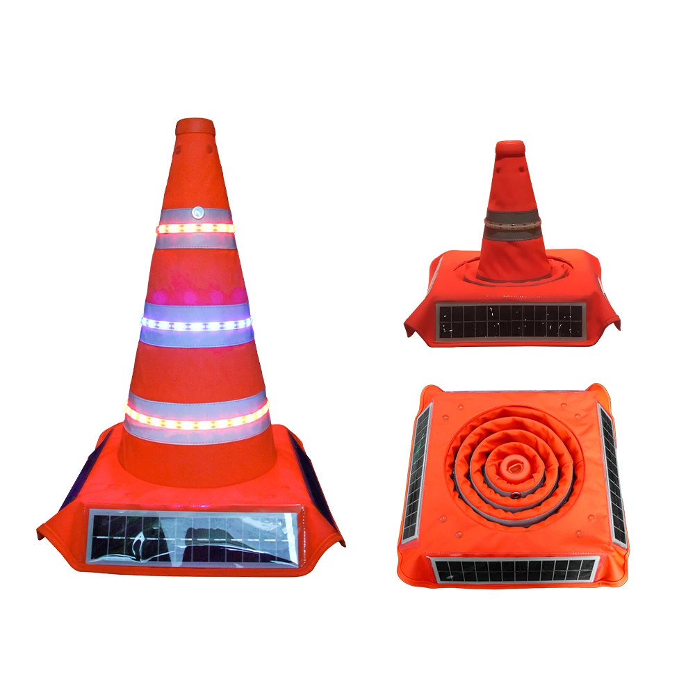 Foldable road cone with USB recharge warning led light 70cm solar chargeable traffic collapsible cone