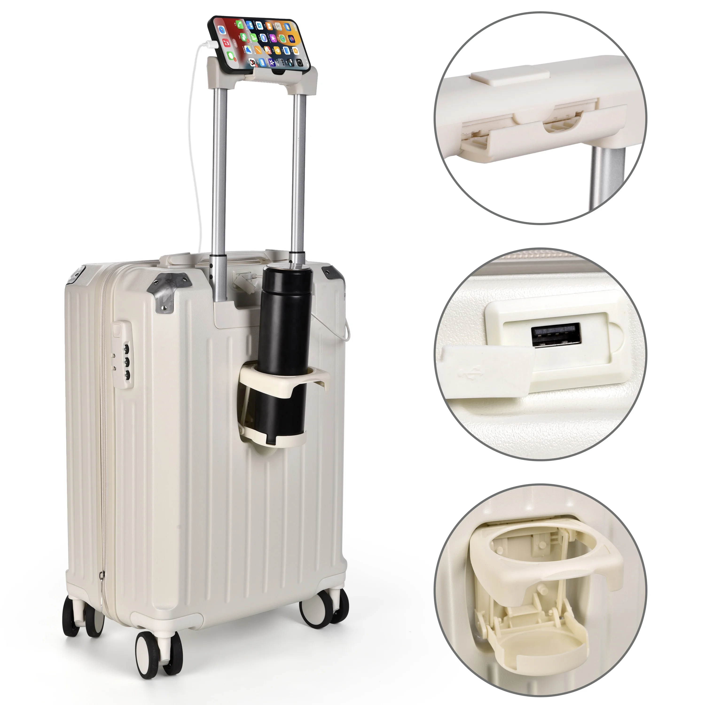 20 24 26 Carry On Bag Travel Suitcase Set charging port,Multifunctional Luggage with Cup Holder Trolley Case with mobile stand