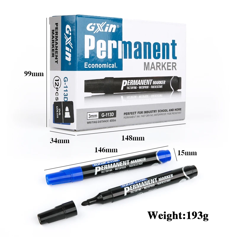 GXIN G-113D 12pcs/set 3mm permanent marker pen economical waterproof fast drying school home hot sell permanent marker set
