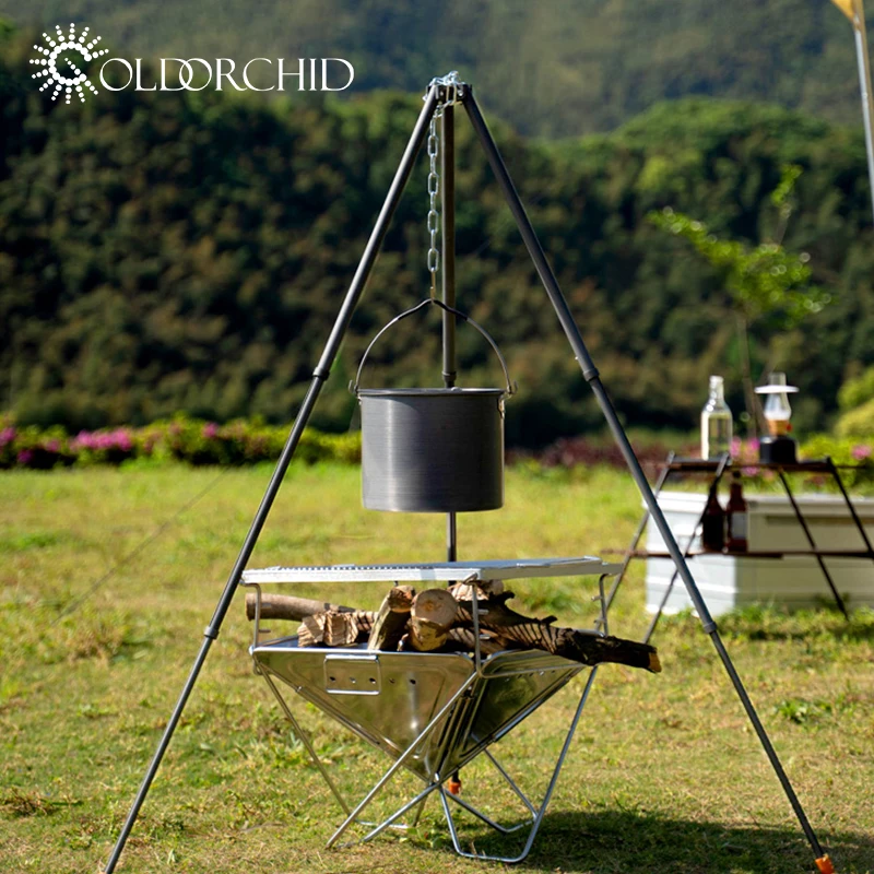 Outdoor camping portable hard alumina campfire tripod with sling chain cookware accessories