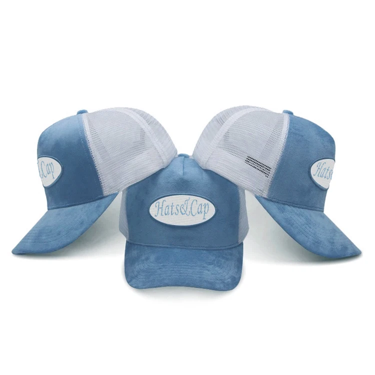 Blue Velvet And Embroidery Custom Snapback Covered Mesh Trucker Caps