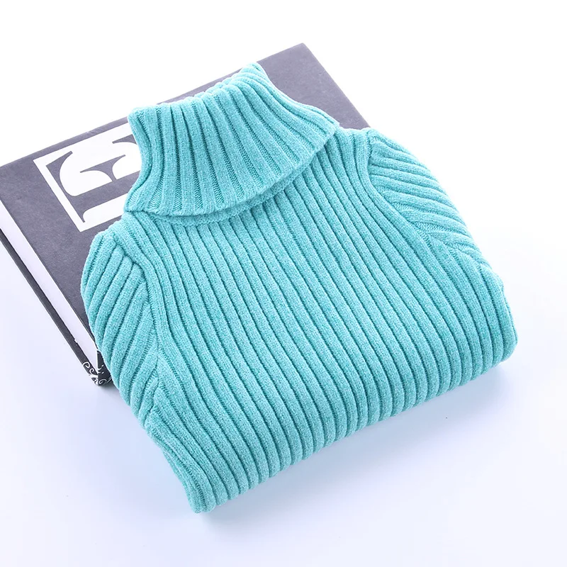Autumn Winter Thick Chunky Unisex Simple Design Solid Color Blank Knitted Striped Rib Girls Boys Children Kid Turtleneck Sweater